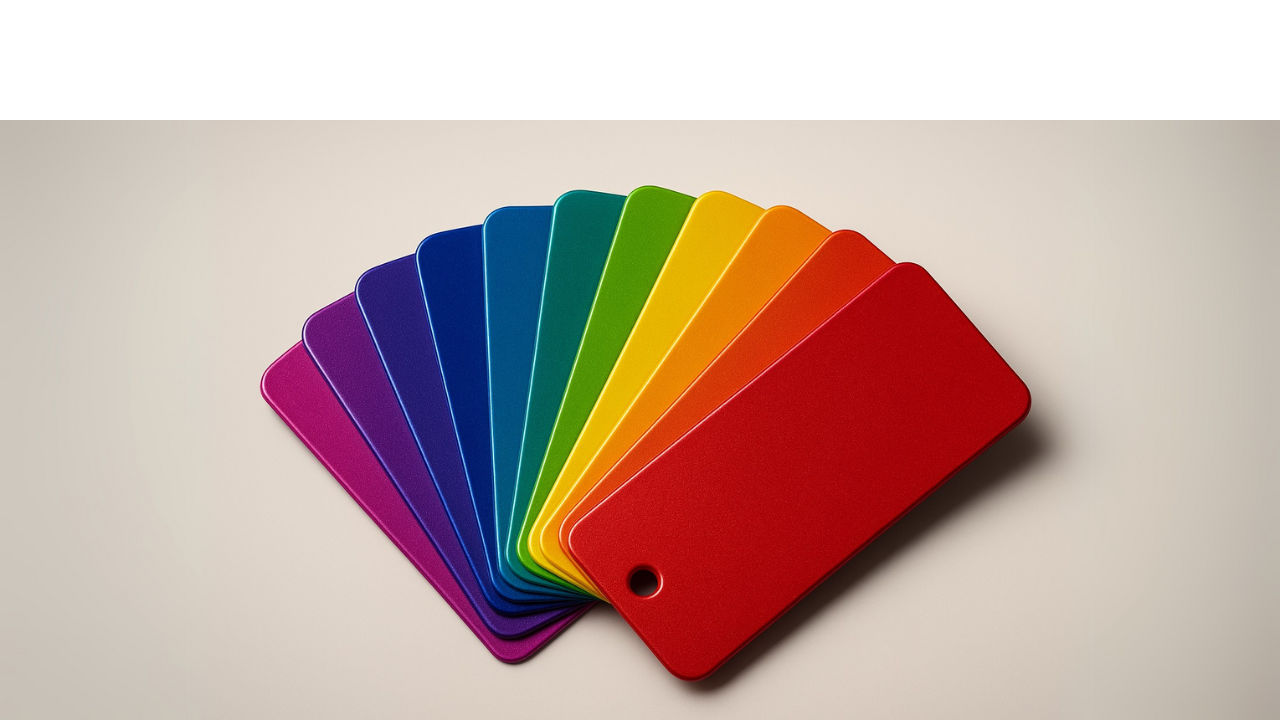 metal swatches in vivid colors with smooth epoxy finishes
