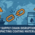 How Supply Chain Disruptions Are Impacting Coating Materials 5 Illustration of a factory conveyor belt stopped mid-process with broken gears and disconnected links, symbolizing global supply chain disruption.